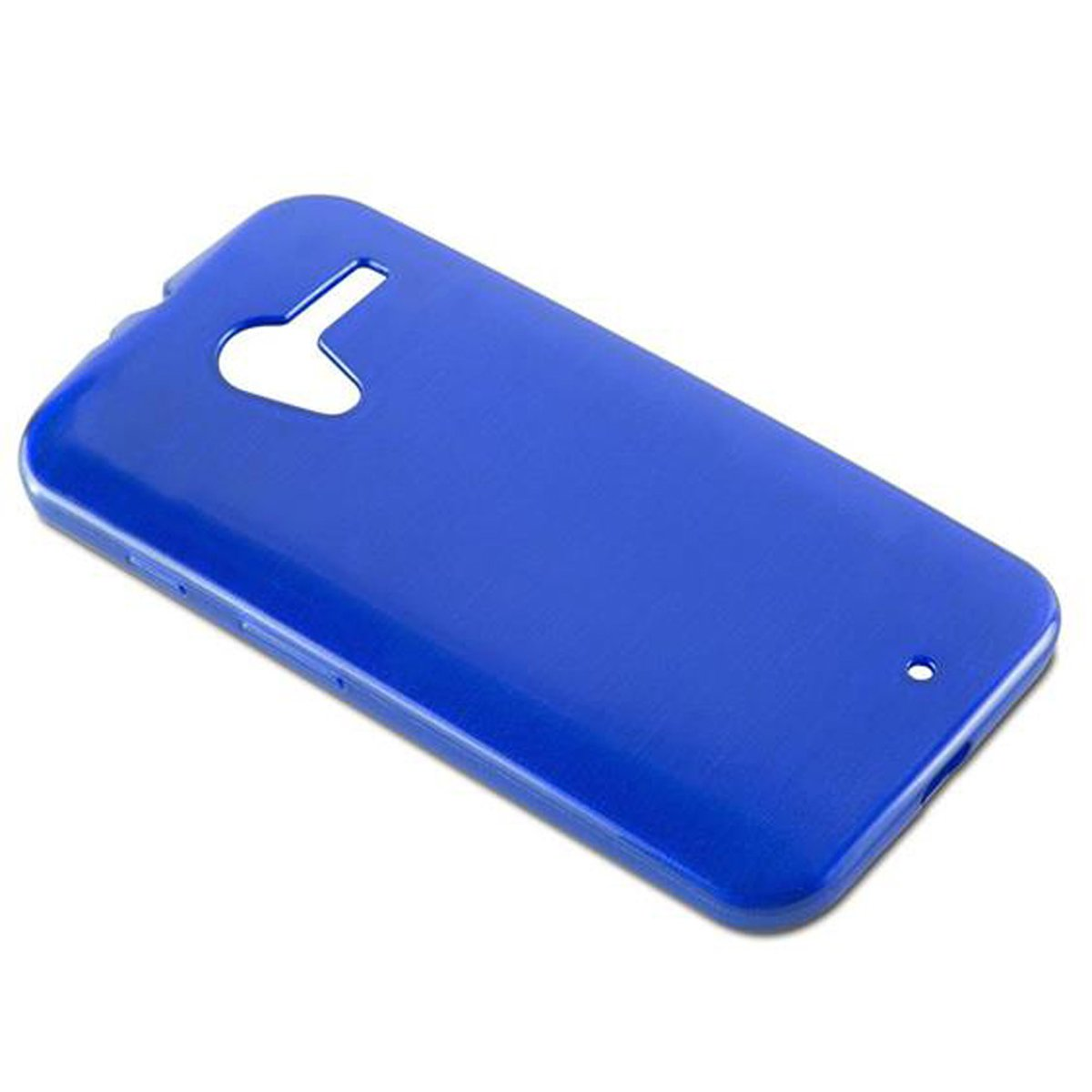 Custodia per telefono blu, angolata, su sfondo bianco. Ha fori per fotocamera e pulsanti.