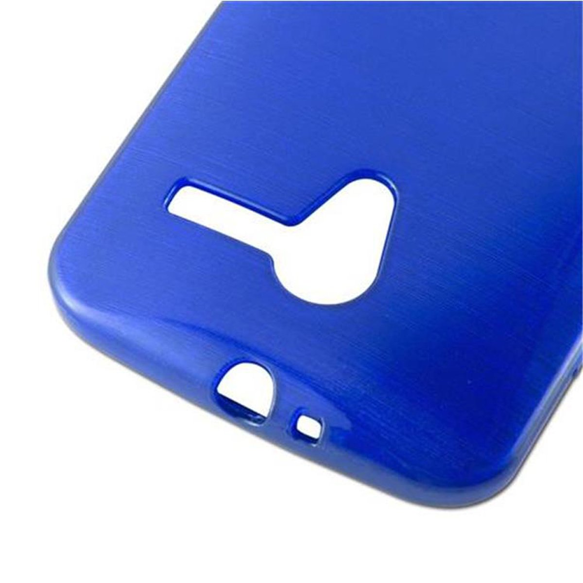 Custodia blu con ritagli per fotocamera e pulsanti. Retro blu liscio.