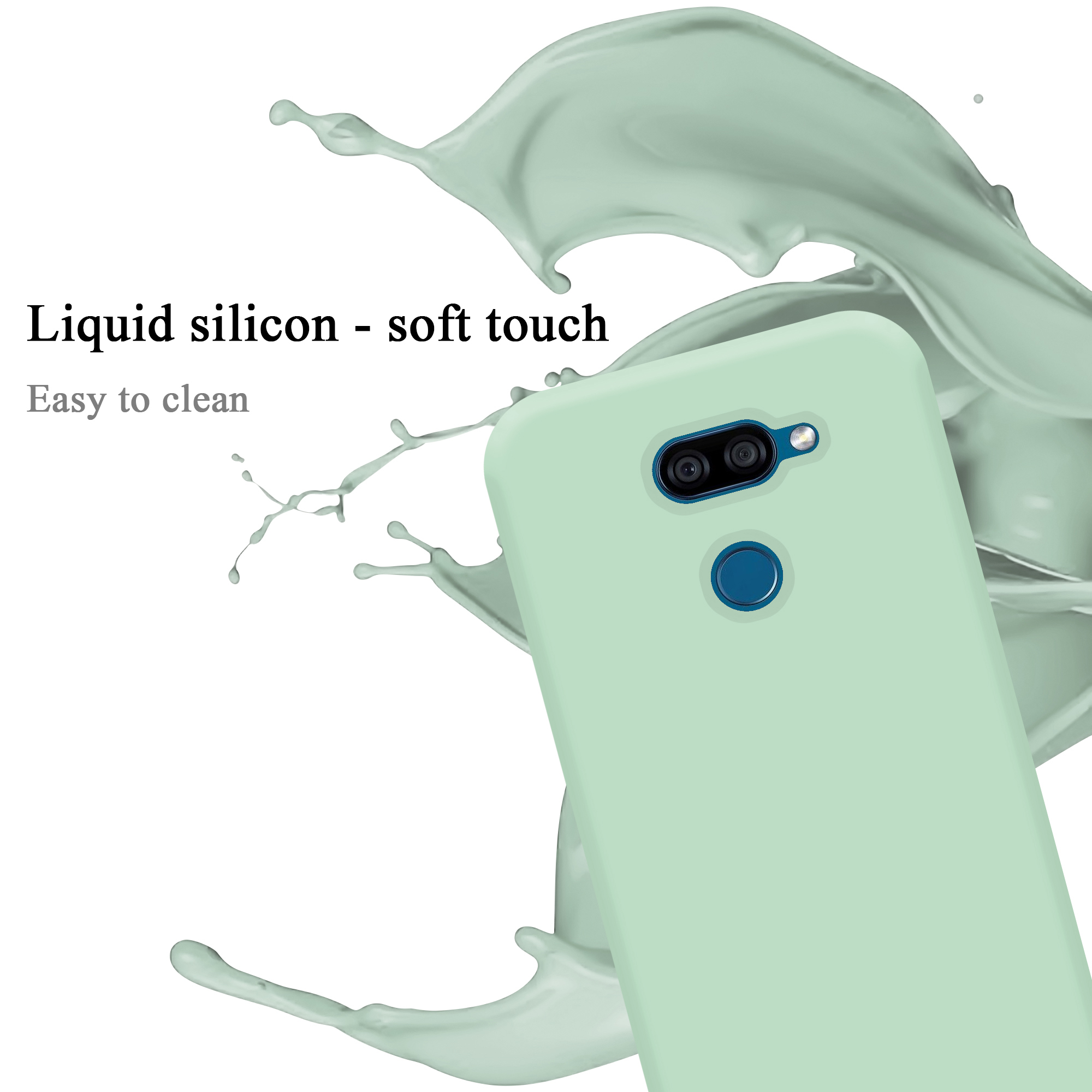 Eine hellgrüne Handyhülle mit einem Spritzer grüner Farbe. Text lautet 'Liquid silicon - soft touch' und 'Easy to clean'.