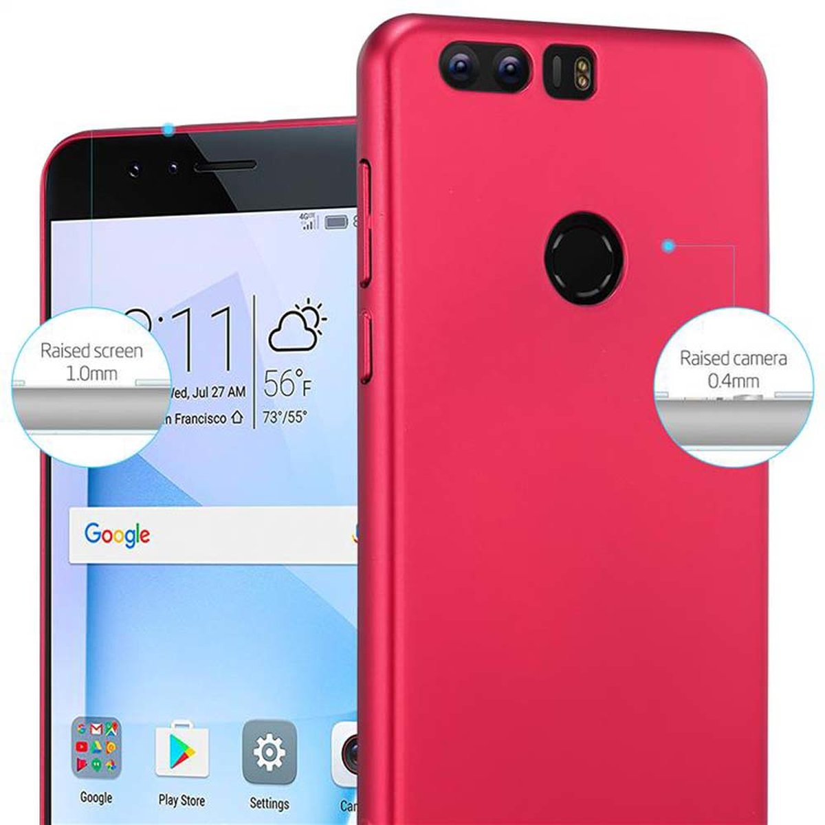 Eine rote Handyhülle mit einem Telefon darin, die den erhöhten Bildschirm und die Kamera hervorhebt.