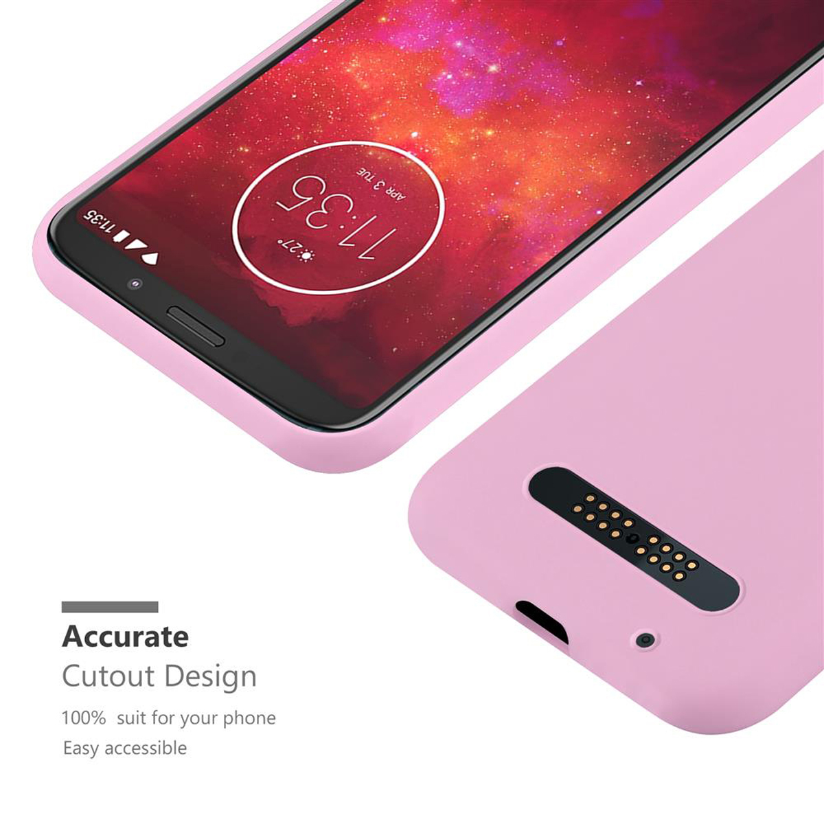 Un telefono rosa con custodia, che mostra lo schermo del telefono. La custodia è ritagliata con precisione per il telefono.