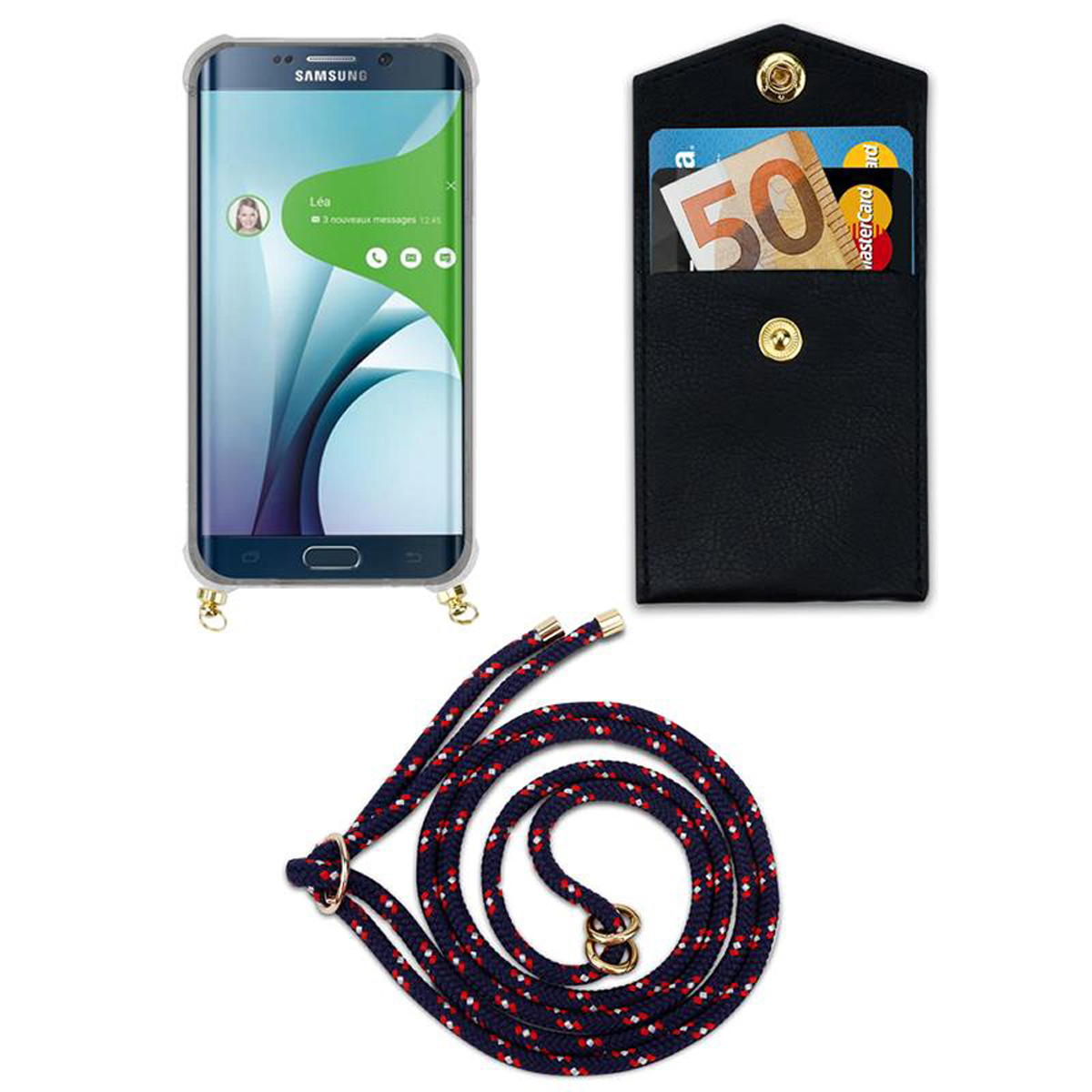 Telefono con custodia, portafoglio con carte e contanti e cinturino blu navy-rosso.