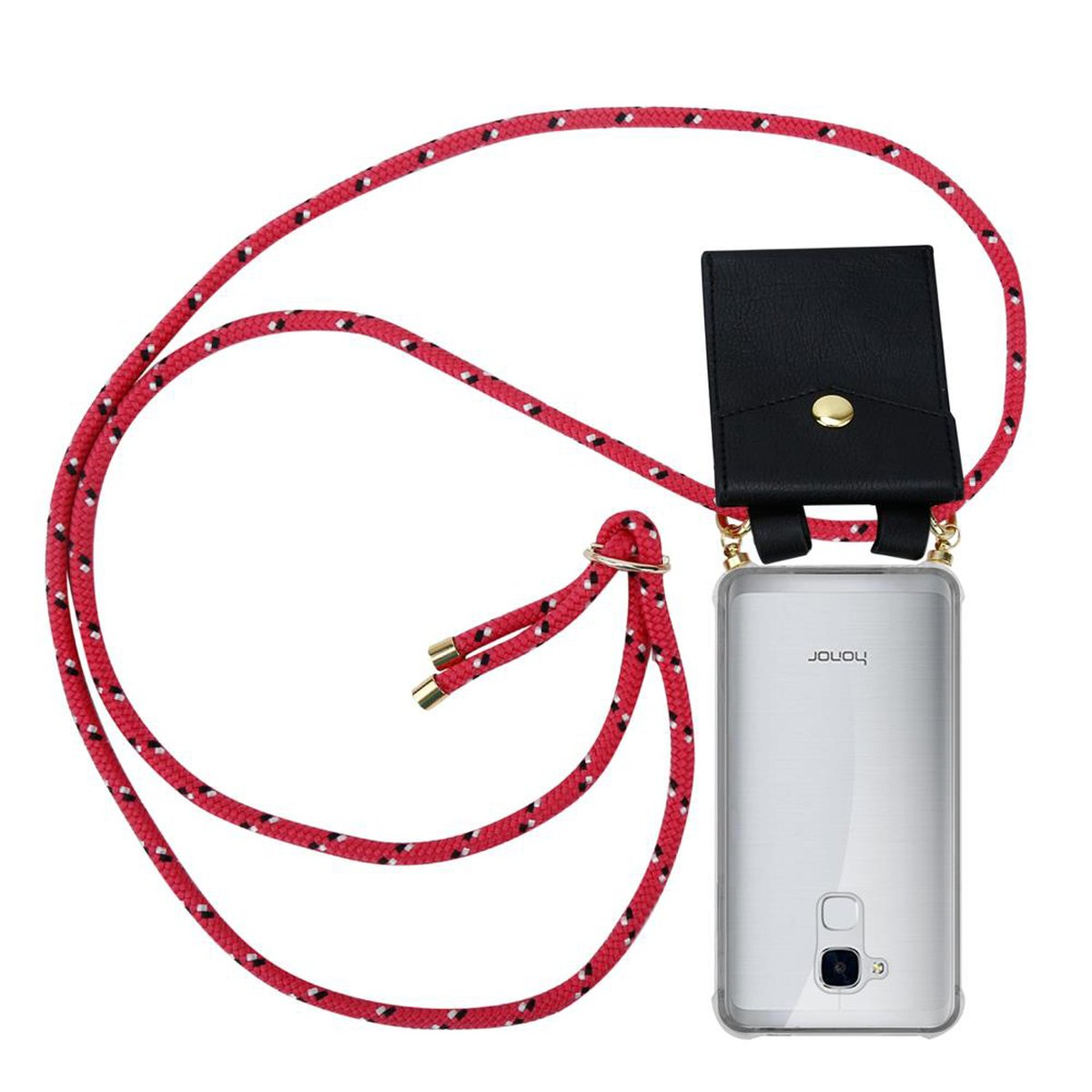 Rot-weißer Telefonriemen und schwarzes Etui, hängend. Honor-Telefon auf weißem Hintergrund.