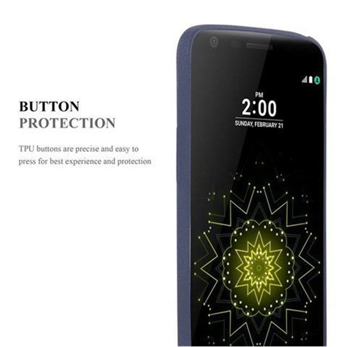 Uno schermo del telefono mostra le 14:00, domenica 21 febbraio. Testo: 'BUTTON PROTECTION'.