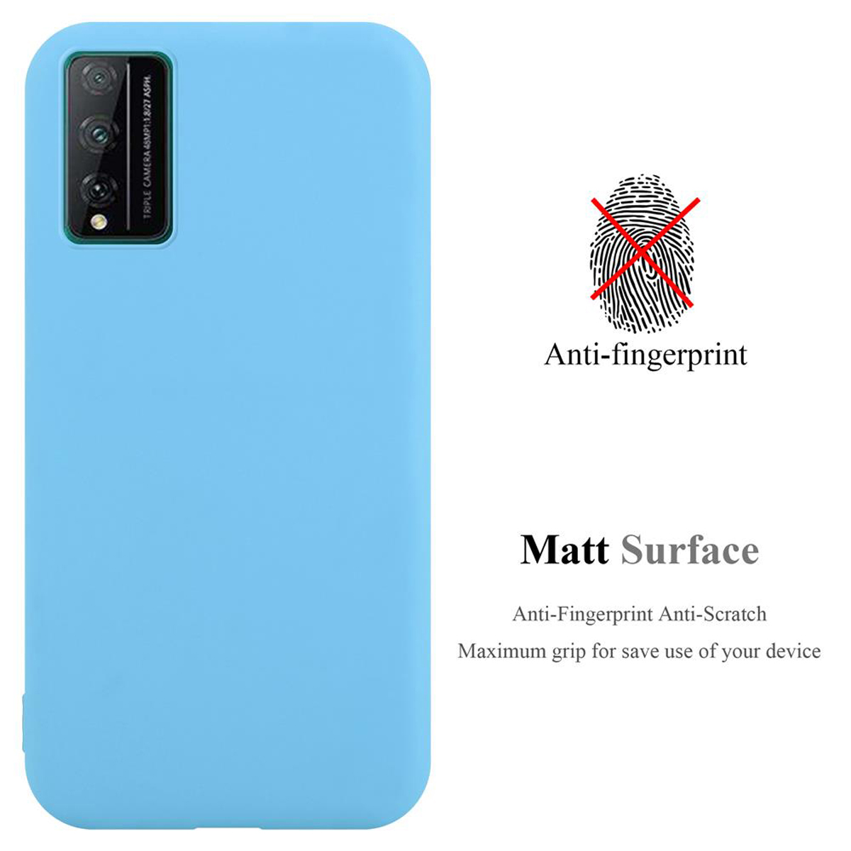 Hellblaue Handyhülle. Text: Anti-Fingerabdruck, Matt Surface. Die Hülle ist blau.