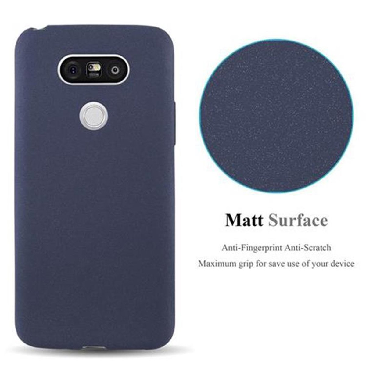 Una custodia per telefono blu scuro con un telefono dentro. Un primo piano della superficie mostra la trama. Lo sfondo è bianco.