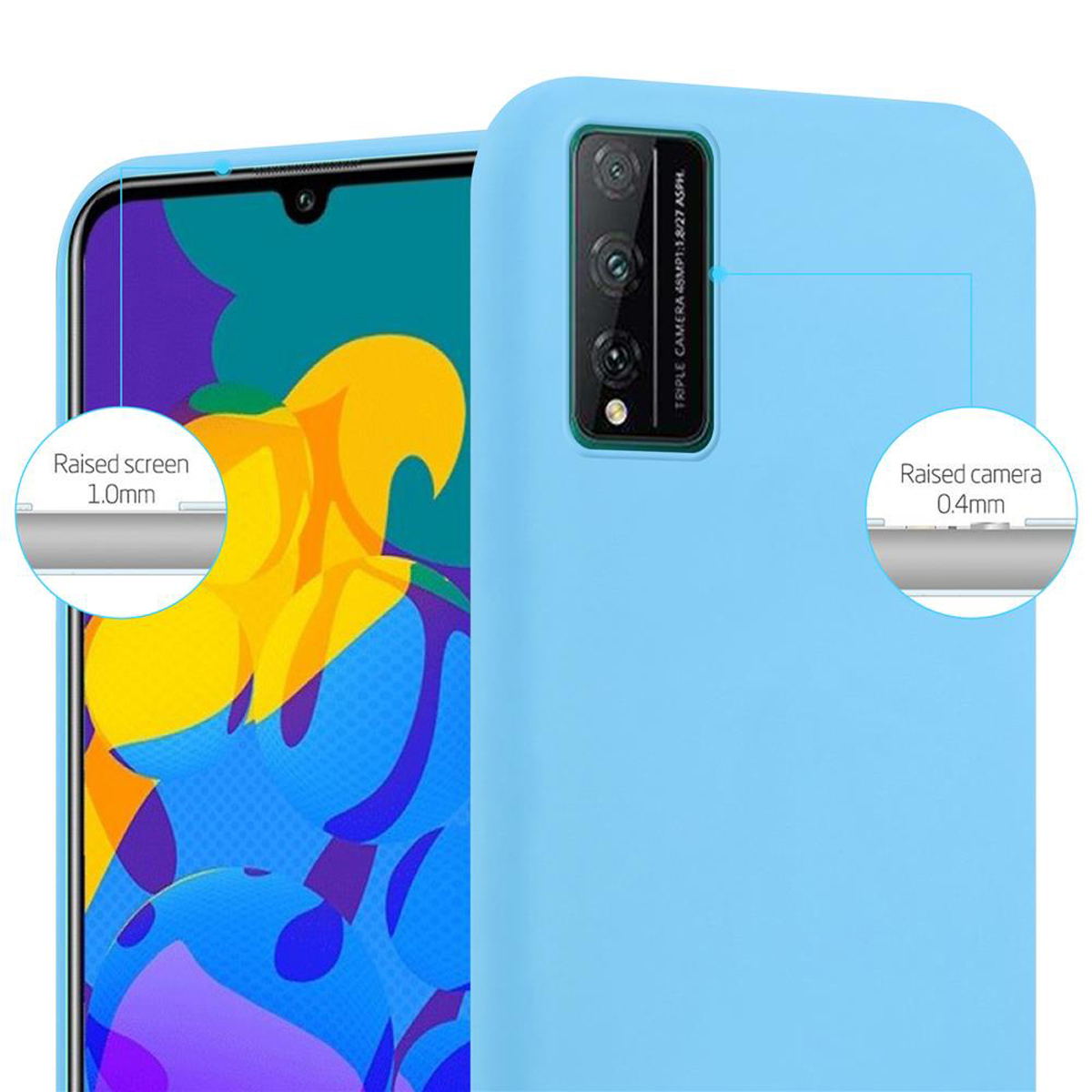 Eine hellblaue Handyhülle mit einem Telefon darin. Erhöhter Bildschirm und Kamera, Details hervorgehoben. Der Hintergrund ist unscharf.