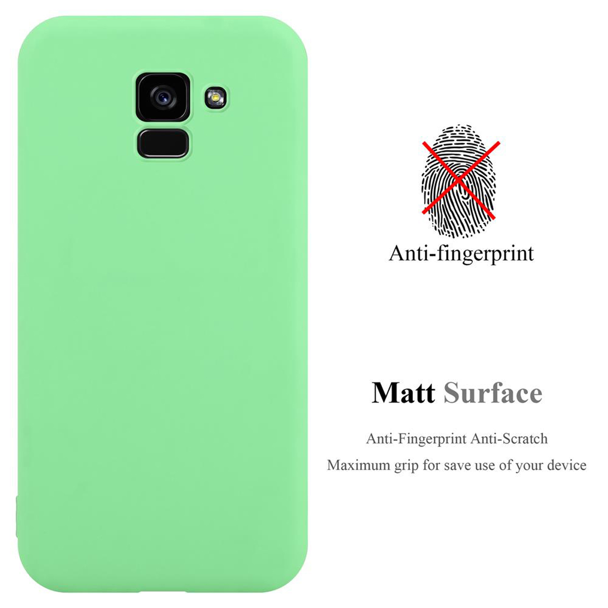 Grüne Handyhülle. Text: Anti-Fingerabdruck. Mattierte Oberfläche.