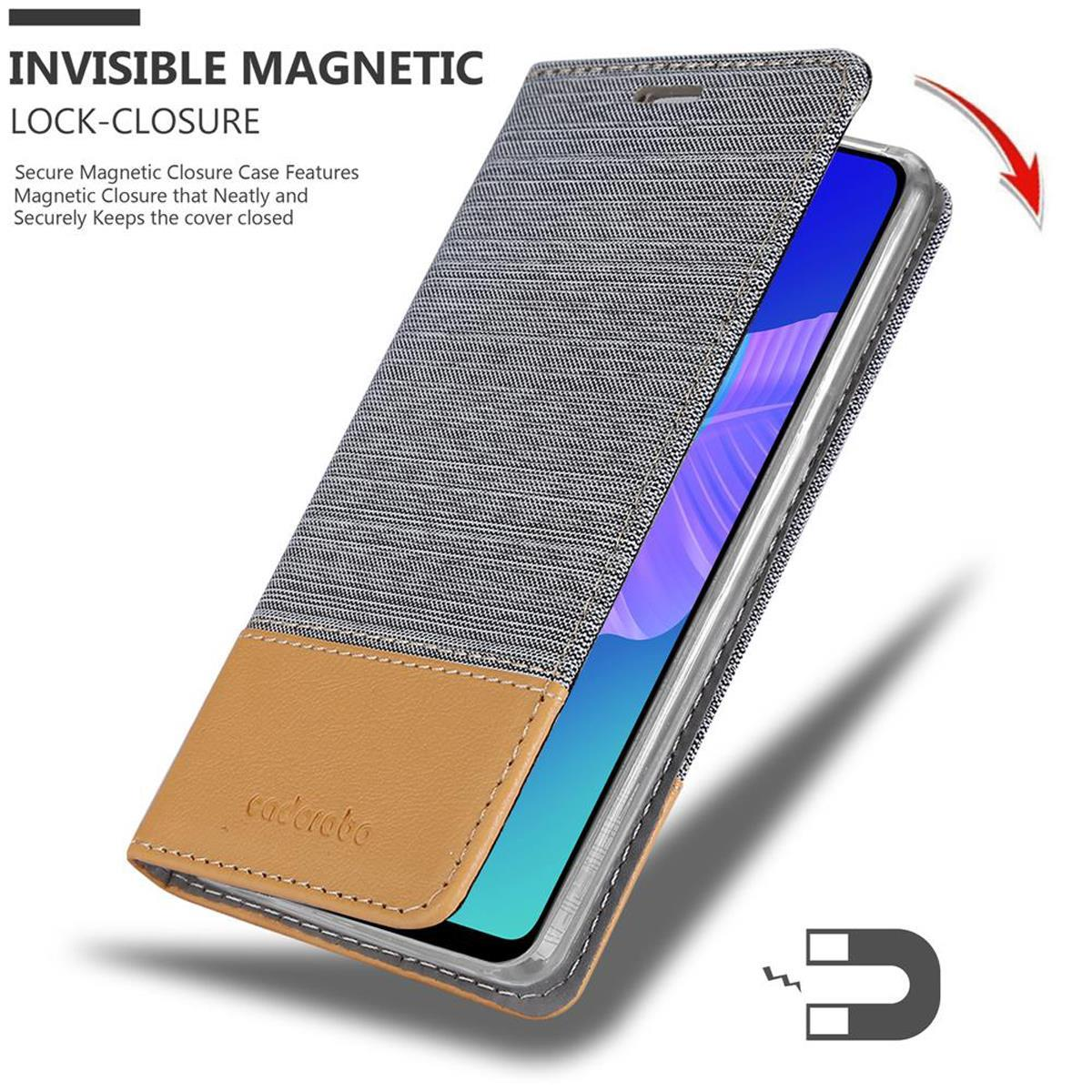 Custodia telefono, con chiusura magnetica, aperta per rivelare il telefono e un bordo in pelle marrone.