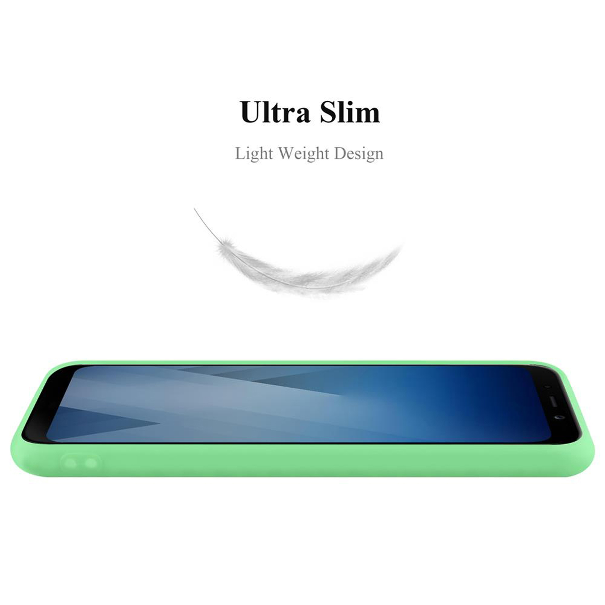 Eine grüne Handyhülle. Eine Feder schwebt darüber. Der Text lautet: 'Ultra Slim, Light Weight Design'.
