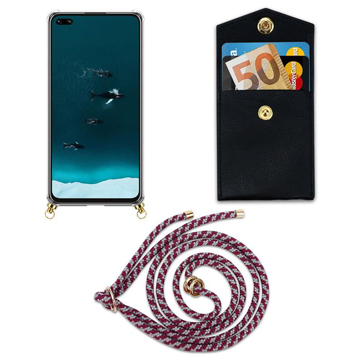 CADORABO Handy und Honor, abnehmbarer Backcover, Kette 30, View mit Ringen, Band WEIß ROT Kordel Gold Hülle