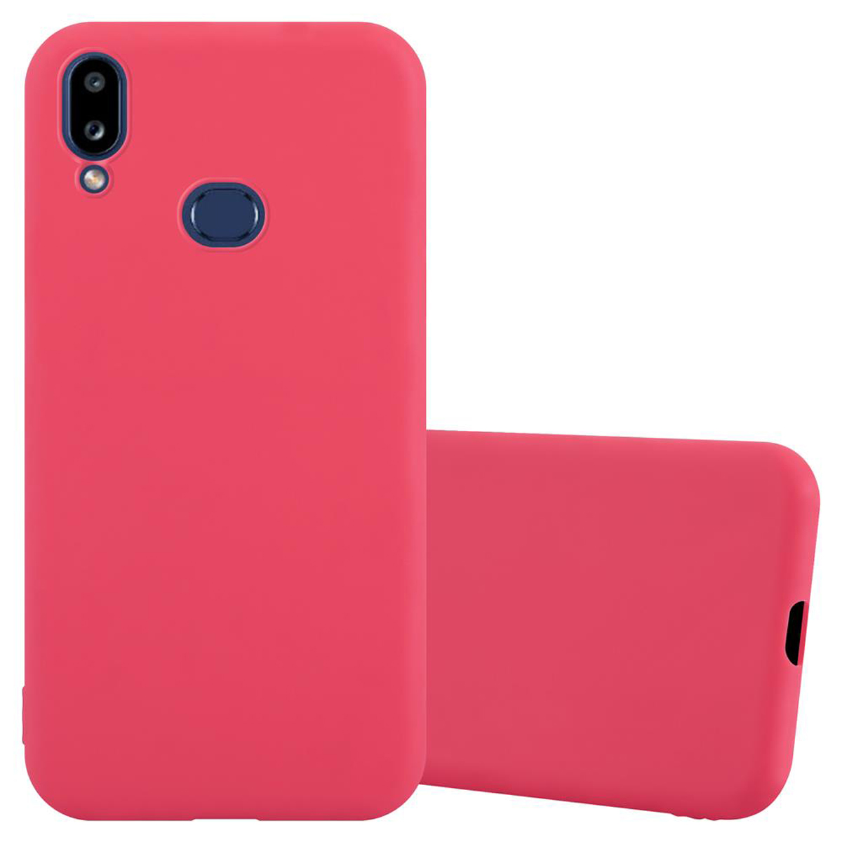 Due custodie rosse per telefono, una con fotocamera, su superficie bianca.
