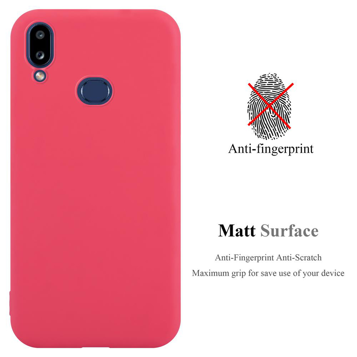 Una custodia rosa per telefono con sfondo rosso. Testo: Anti-impronte.