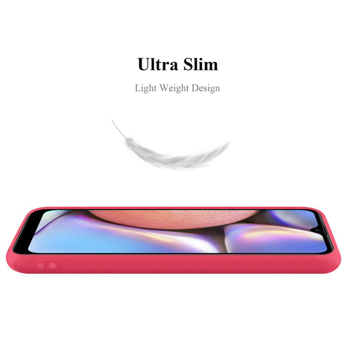 Custodia per telefono rossa con un telefono all'interno. Il testo dice 'Ultra Slim' e 'Light Weight Design'.