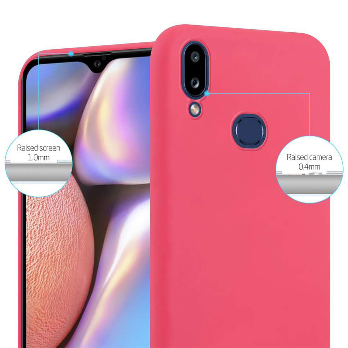 Una custodia per telefono rosa con un telefono all'interno. Le didascalie evidenziano le aree rialzate dello schermo e della fotocamera.