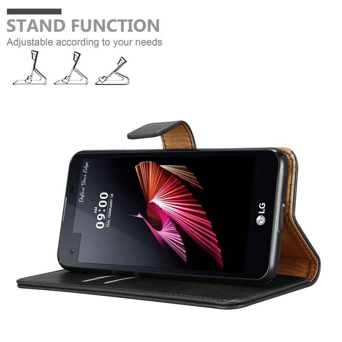Ein Telefon in einer schwarzen Hülle, geöffnet, mit Standfunktion. Das Telefon zeigt ein farbenfrohes Bild. Schwarzes Leder.