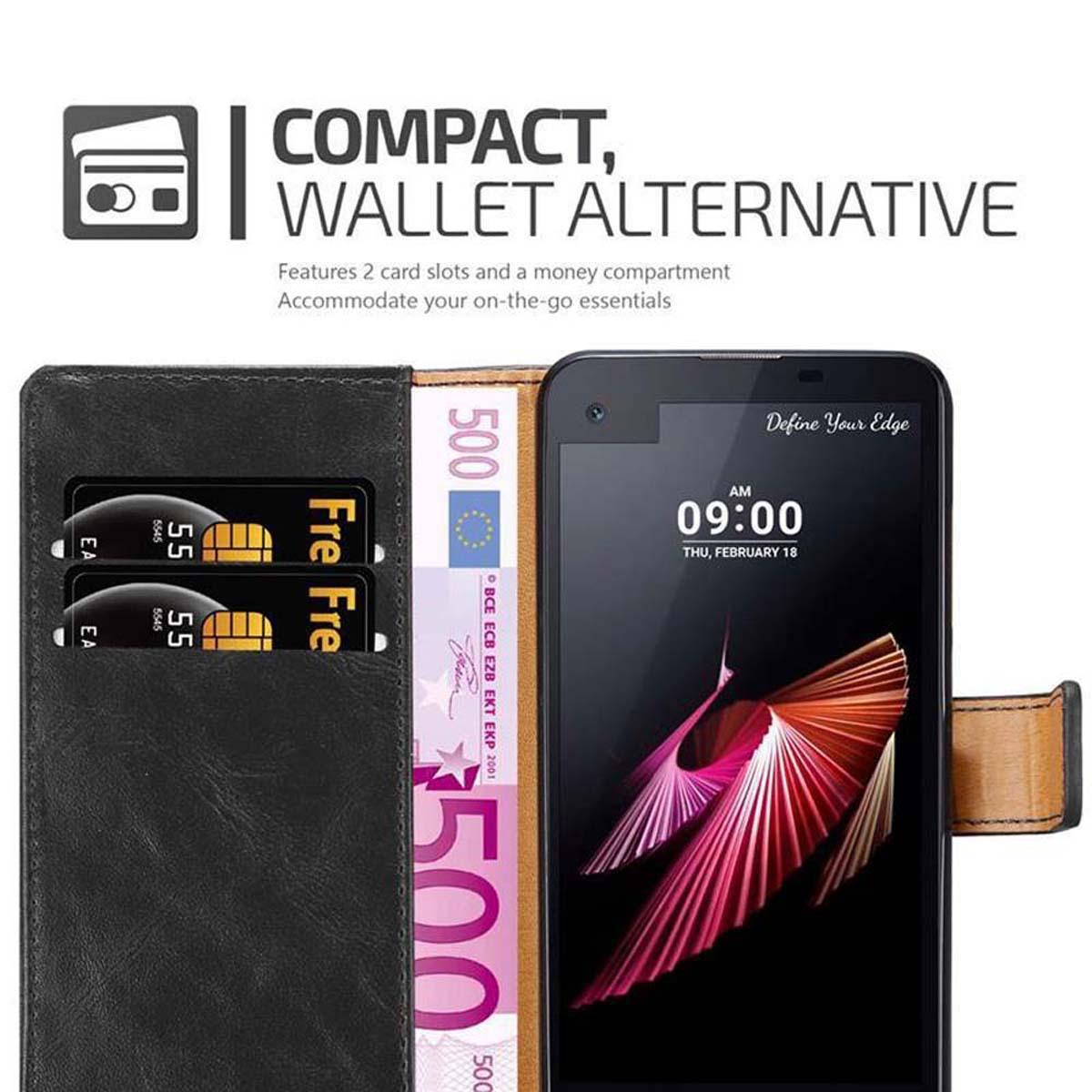 Schwarze Brieftasche-Handyhülle mit Geld und Karten. Schwarzer Telefonbildschirm mit Text.