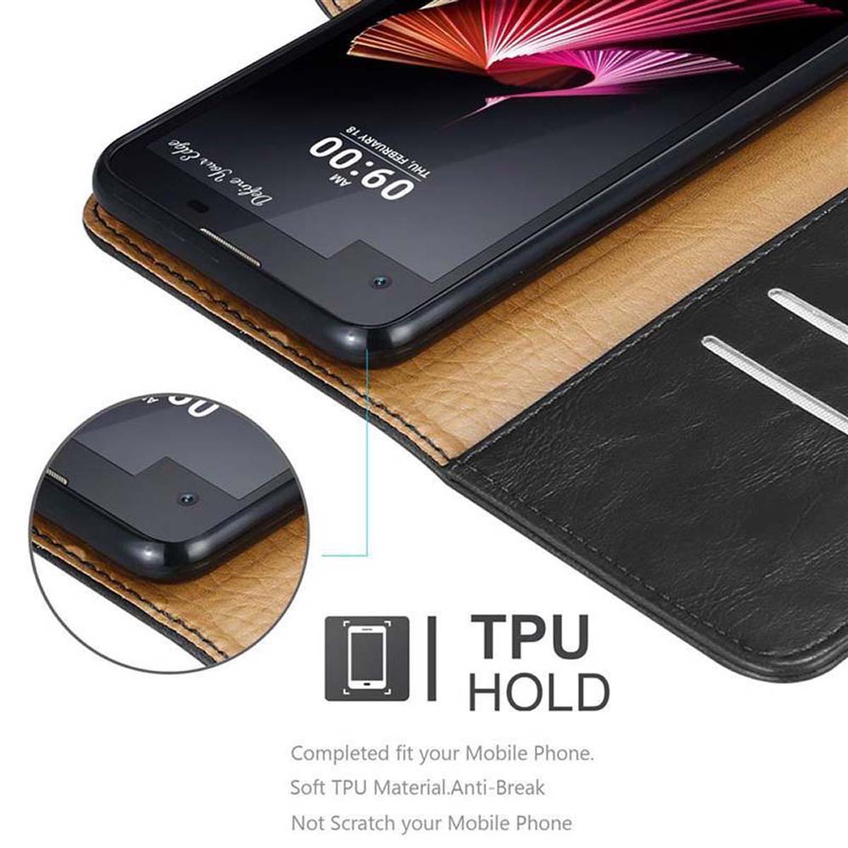 Ein Telefon in einer braunen Hülle. Das Bild zeigt den TPU-Halt für das Telefon.