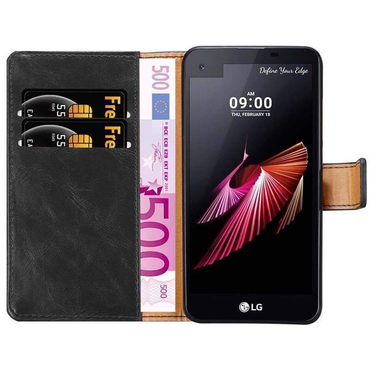 Eine Handyhülle mit Handy, Geld und Karten. Die Uhrzeit wird auf dem Handy angezeigt.