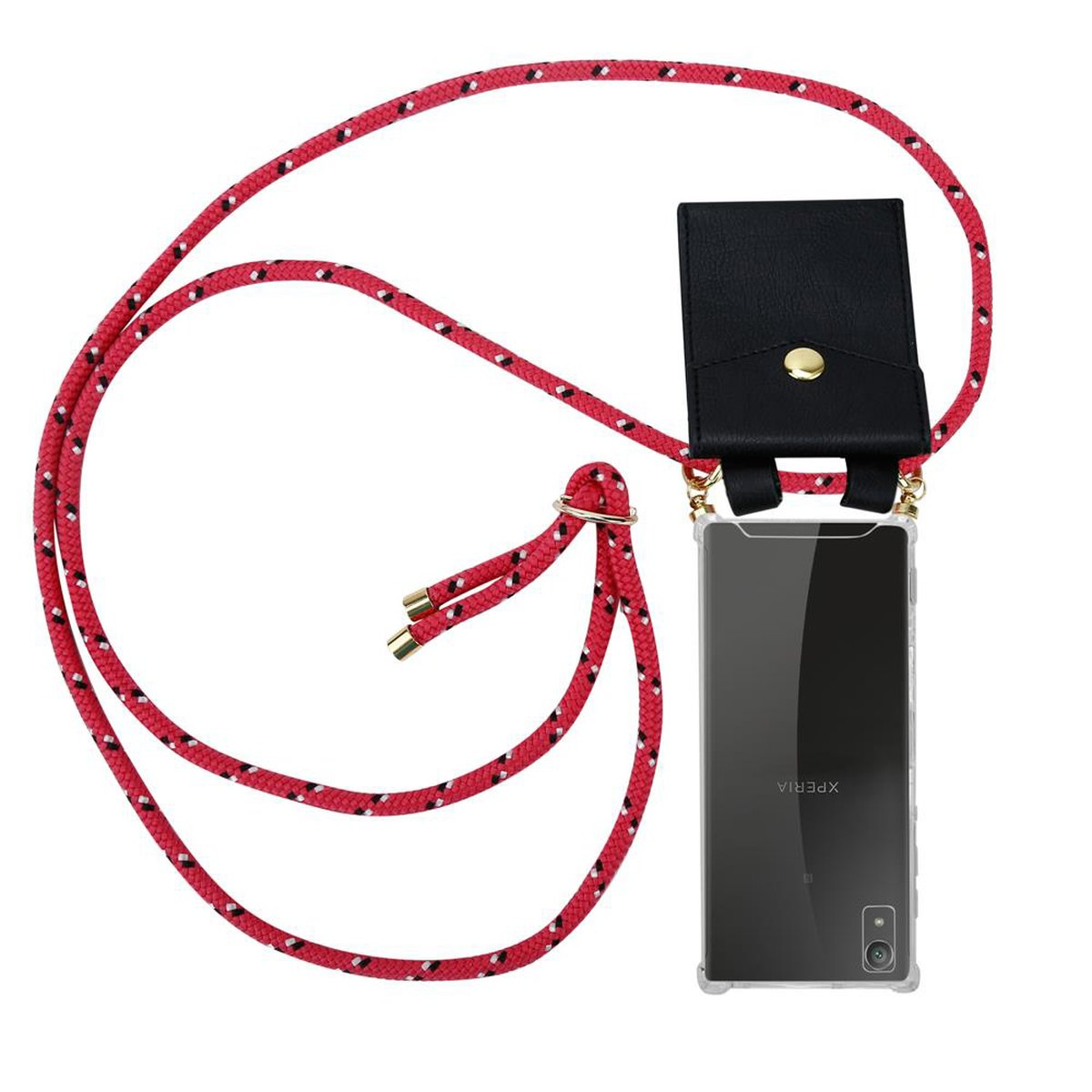 Telefon mit rot-schwarzem Band: schwarzes Gehäuse mit Telefon, rot-schwarzes Band.