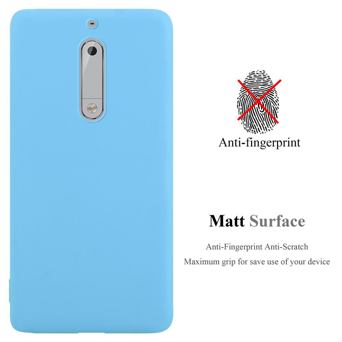 Hellblaue Handyhülle mit Kameraausschnitt. Text: 'Anti-Fingerprint' und 'Matt Surface'.