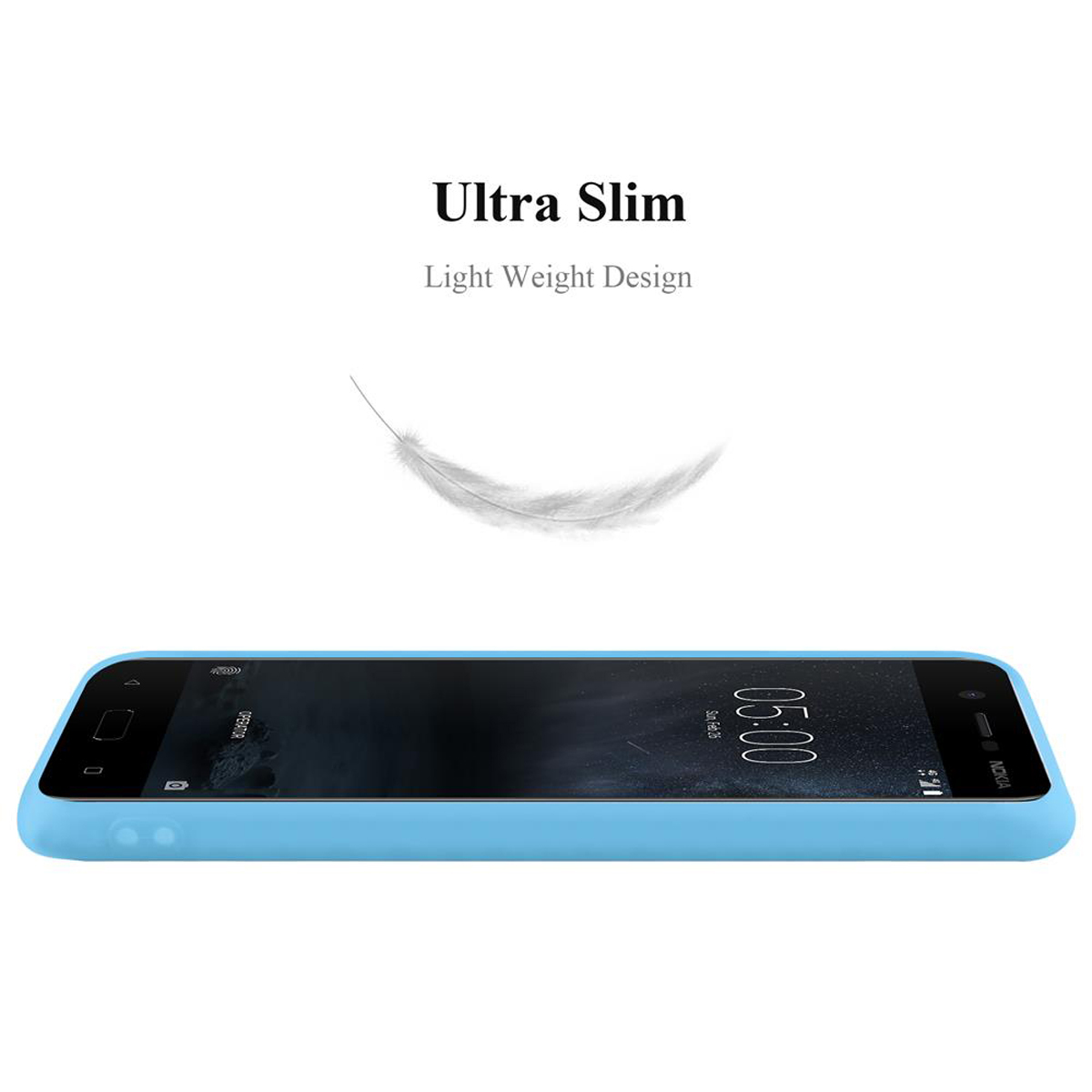 Blaue Handyhülle mit Ultra Slim-Text und einer Federgrafik, Seitenansicht eines Telefons.