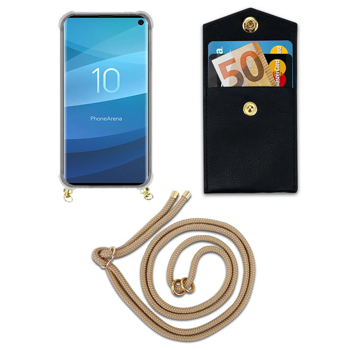 S10 Ringen, Gold mit Hülle, GLÄNZEND Kordel CADORABO Backcover, 4G, abnehmbarer und BRAUN Galaxy Band Samsung, Kette Handy