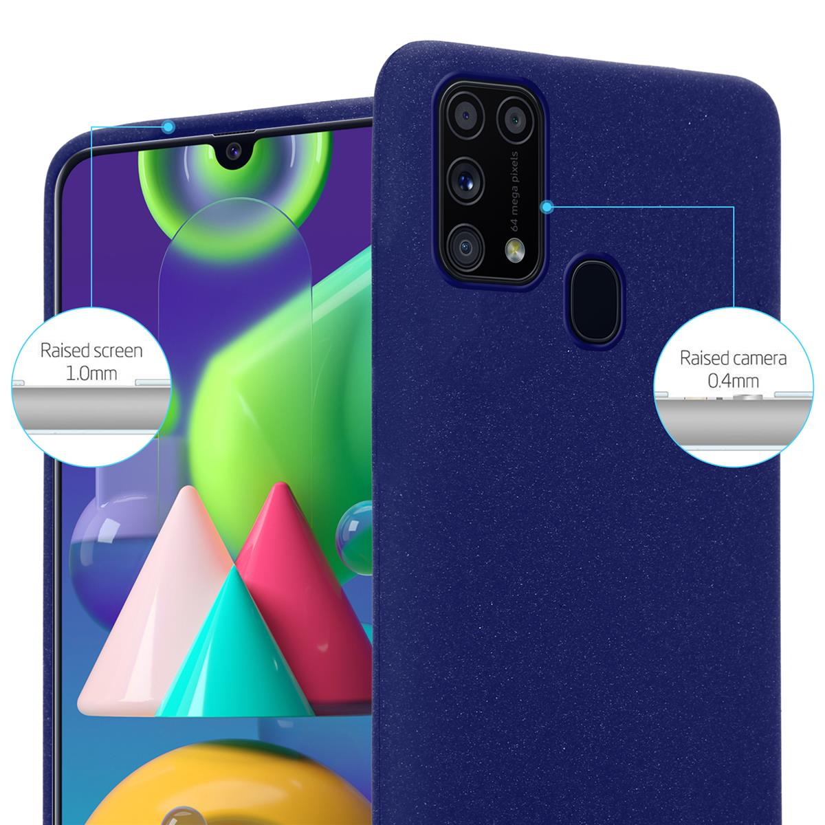 Custodia per telefono blu scuro con lunette rialzate per fotocamera e schermo. Il testo indica l'altezza dello schermo e della fotocamera.