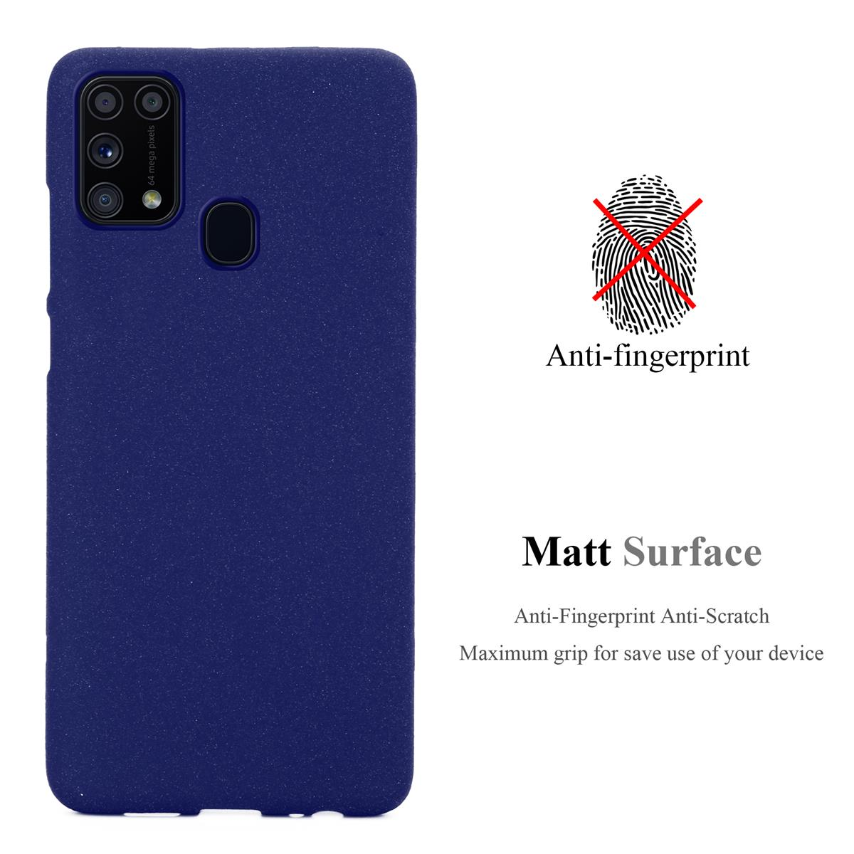 Custodia blu navy con testo anti-impronte e superficie opaca.