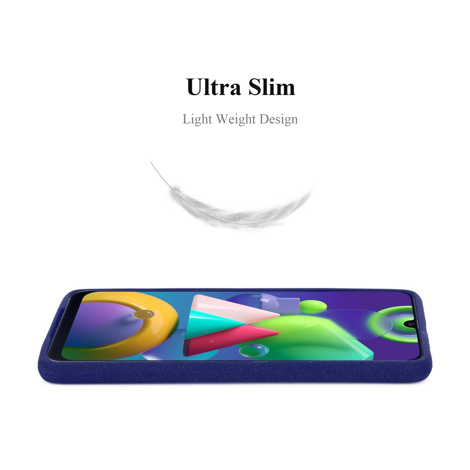 Una custodia blu per telefono con un telefono all'interno. Il testo dice "Ultra Slim" e ha una grafica a forma di piuma.