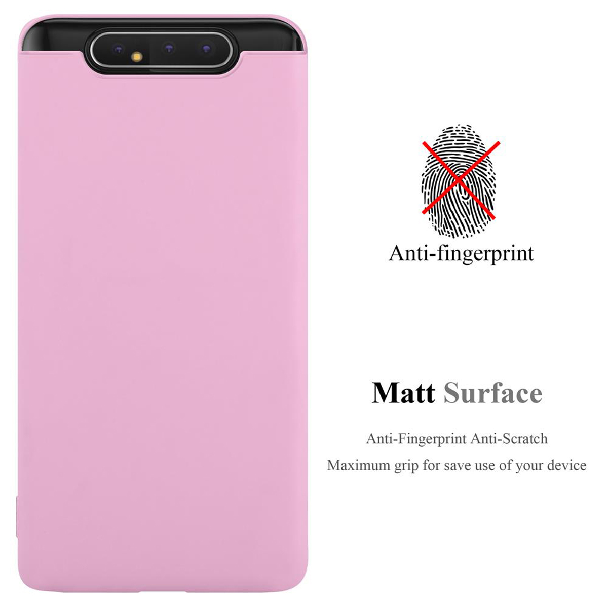 Custodia rosa per telefono con bordo nero. Testo: Anti-impronta e superficie opaca. Nessun simbolo di impronta digitale.