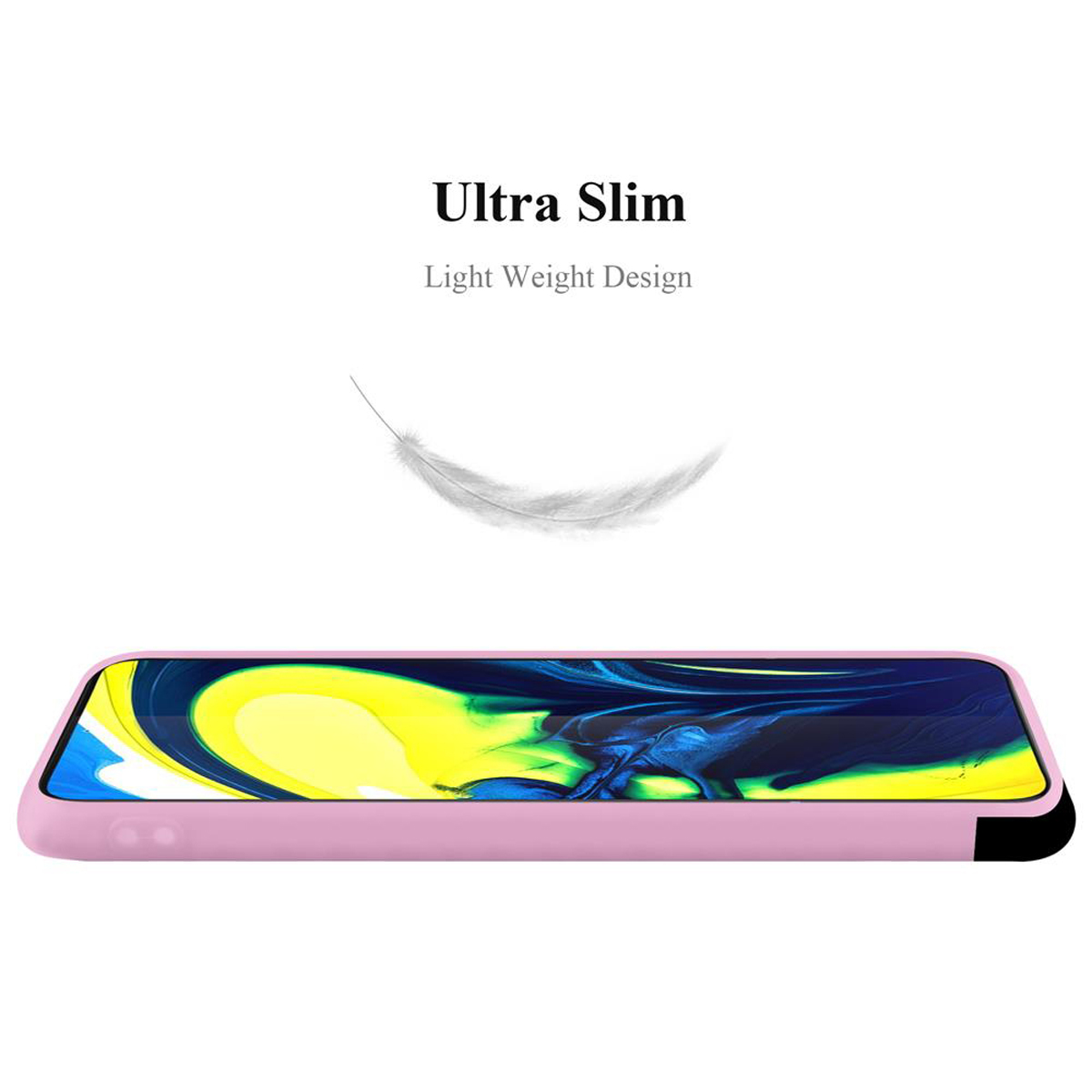 Vista laterale di una custodia per smartphone, rosa chiaro, con un'illustrazione di piuma e la scritta 'Ultra Slim'.