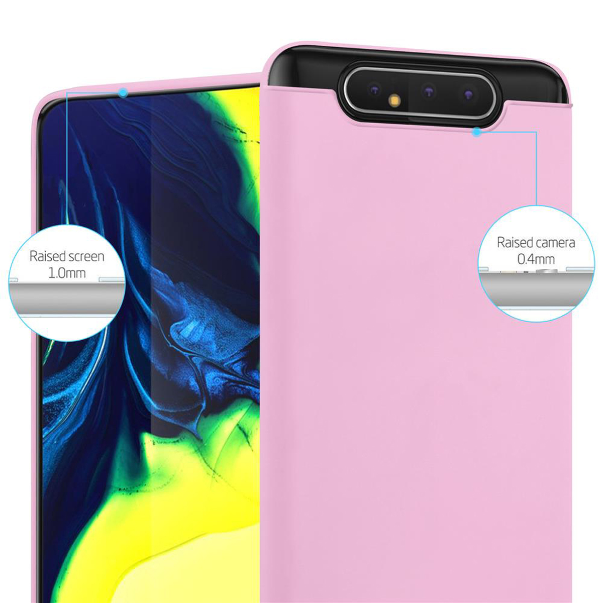 Una custodia per telefono rosa con bordi rialzati per schermo e fotocamera. Primo piano mostra i dettagli.