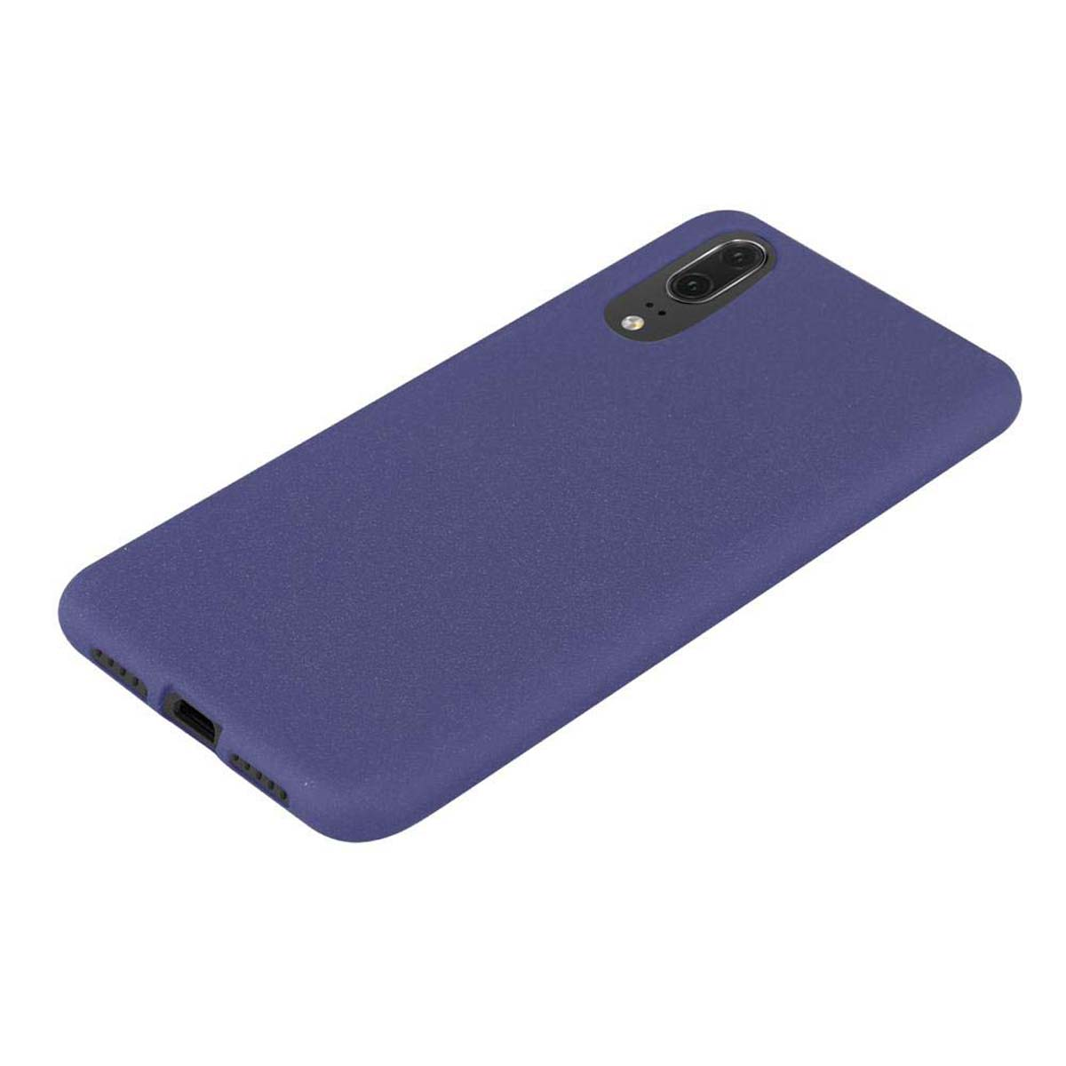 Una custodia per telefono viola su sfondo bianco. La custodia ha un foro per la fotocamera e una forma rettangolare arrotondata.