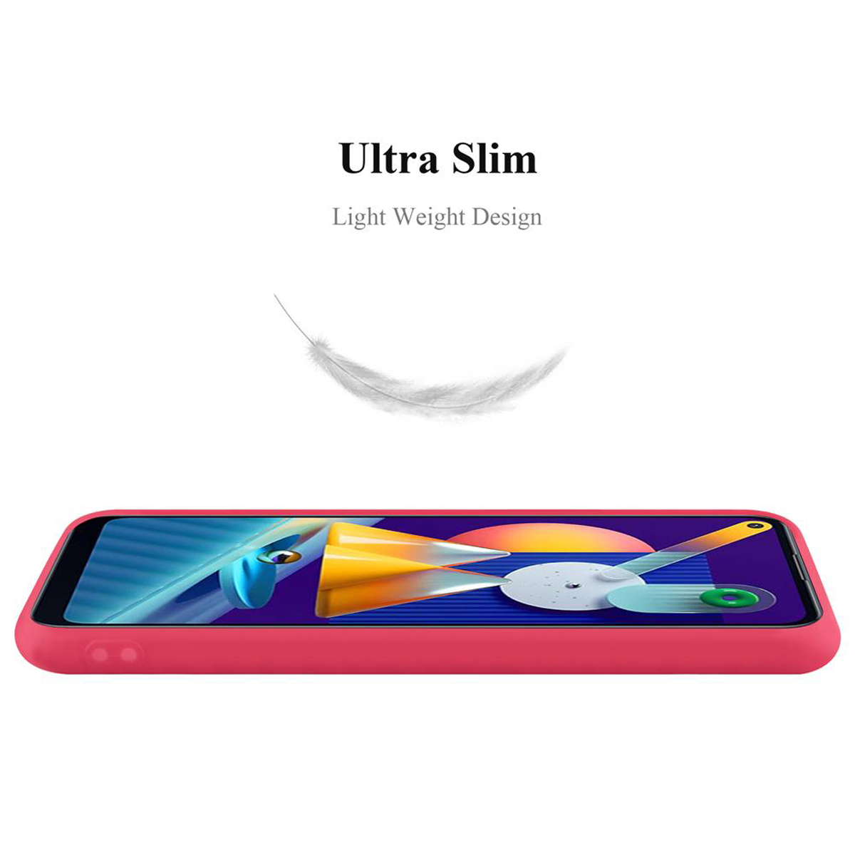 Custodia per telefono su sfondo bianco. Custodia rossa, mostra il profilo del telefono. Testo: Ultra Slim, Design leggero.