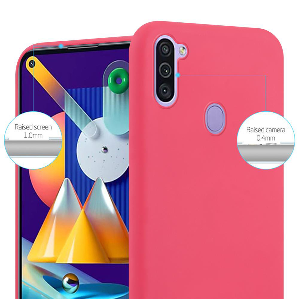 Una custodia per telefono rosa con schermo e fotocamera rialzati, dettagliata in un'immagine ravvicinata.