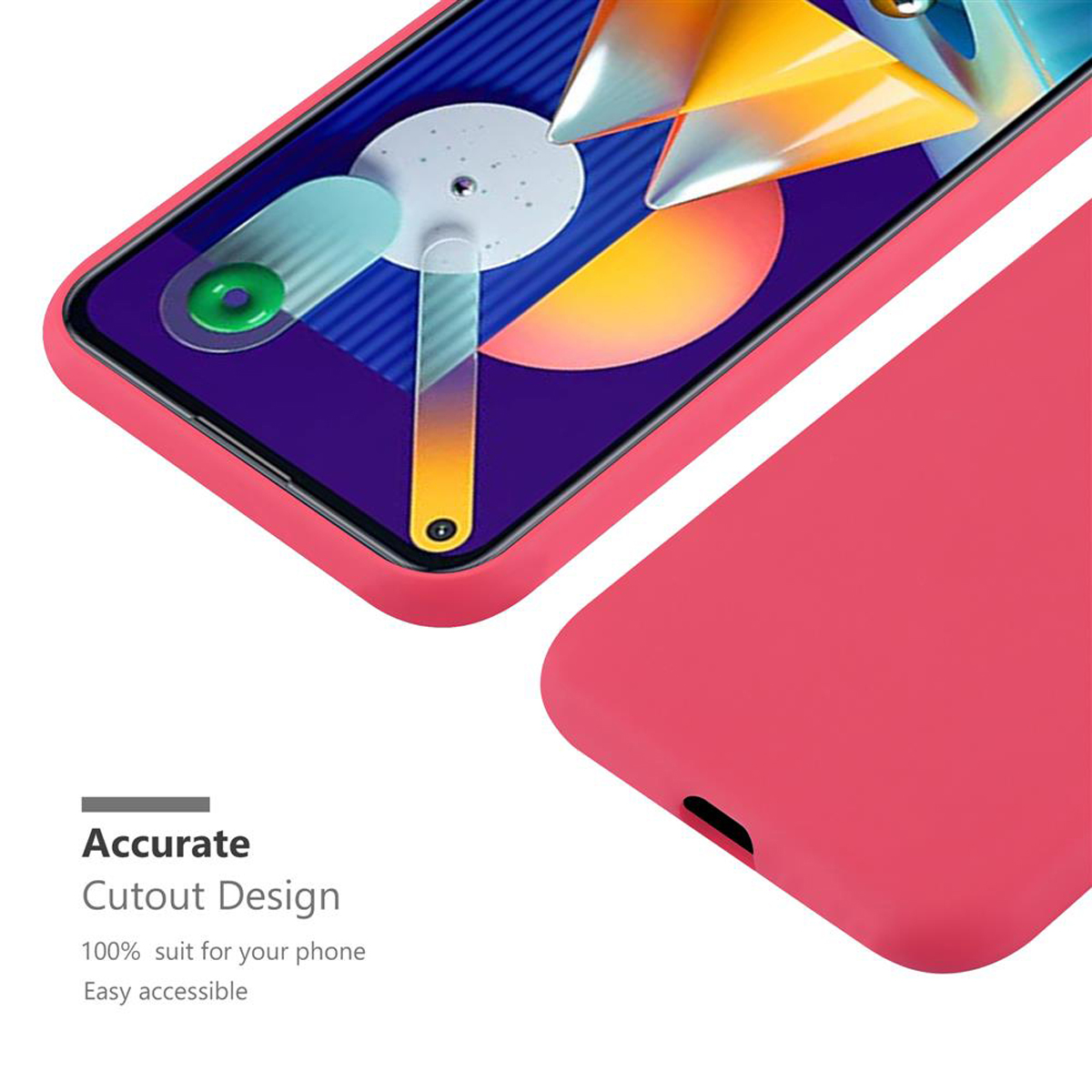 Una custodia per telefono rosa su una superficie bianca. Il testo dice "Accurate Cutout Design". Lo schermo del telefono è visibile.