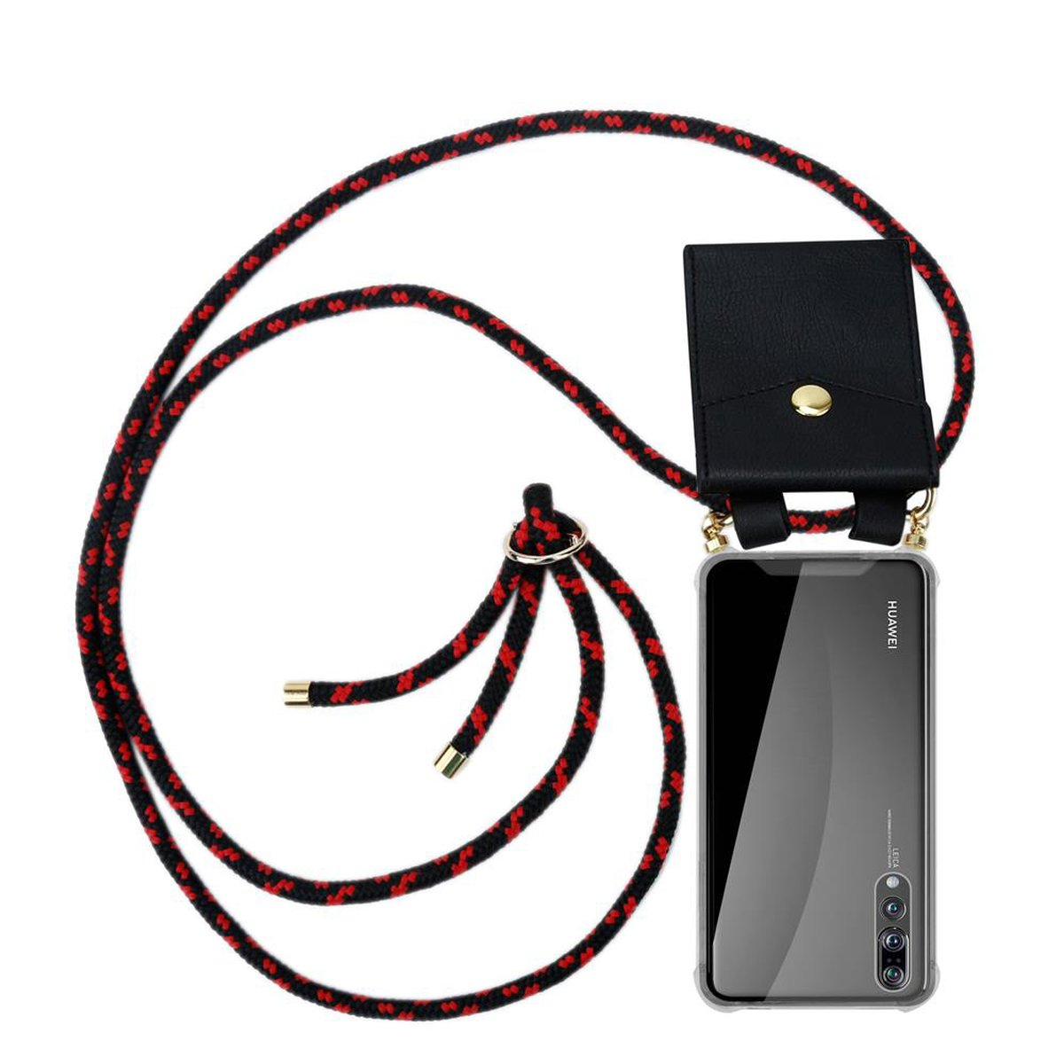 Custodia per telefono nera con cinturino in corda nera e rossa e astuccio in pelle nera.