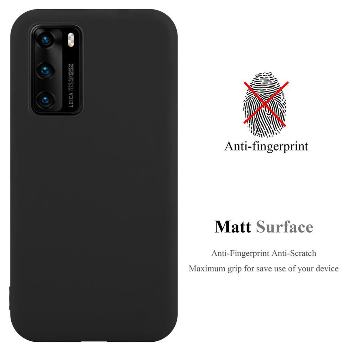 Custodia per telefono nera con superficie opaca, con design anti-impronta. Sfondo bianco.