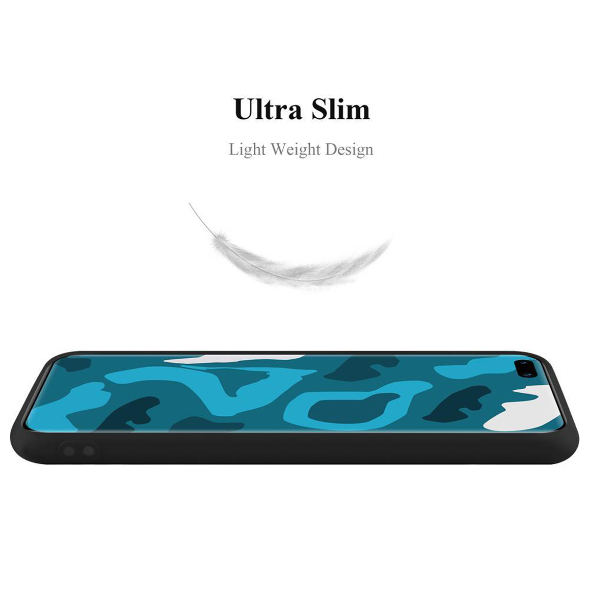 Una custodia per telefono nera con un design mimetico blu piatto, con una piuma che fluttua sopra.