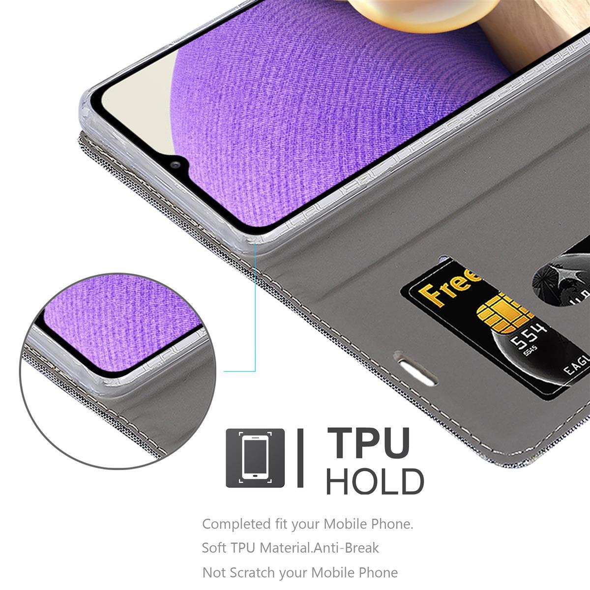 Telefono in una custodia grigia con fessura per carte. Testo: TPU HOLD. Anti-rottura e antigraffio.