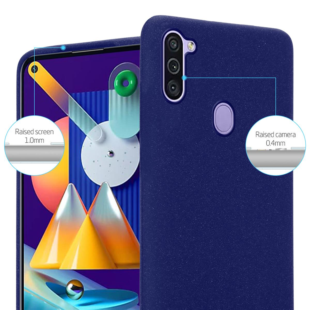 Custodia per telefono blu con dettagli su schermo rialzato e protezione fotocamera, con misure in mm.