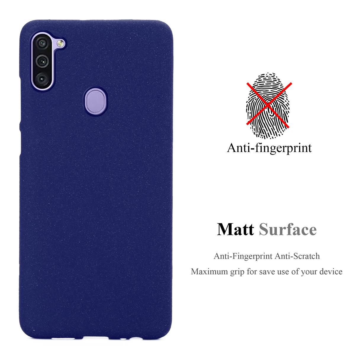 Custodia blu navy con superficie opaca. Testo: Anti-impronte, Antigraffio, Massima presa per il dispositivo.