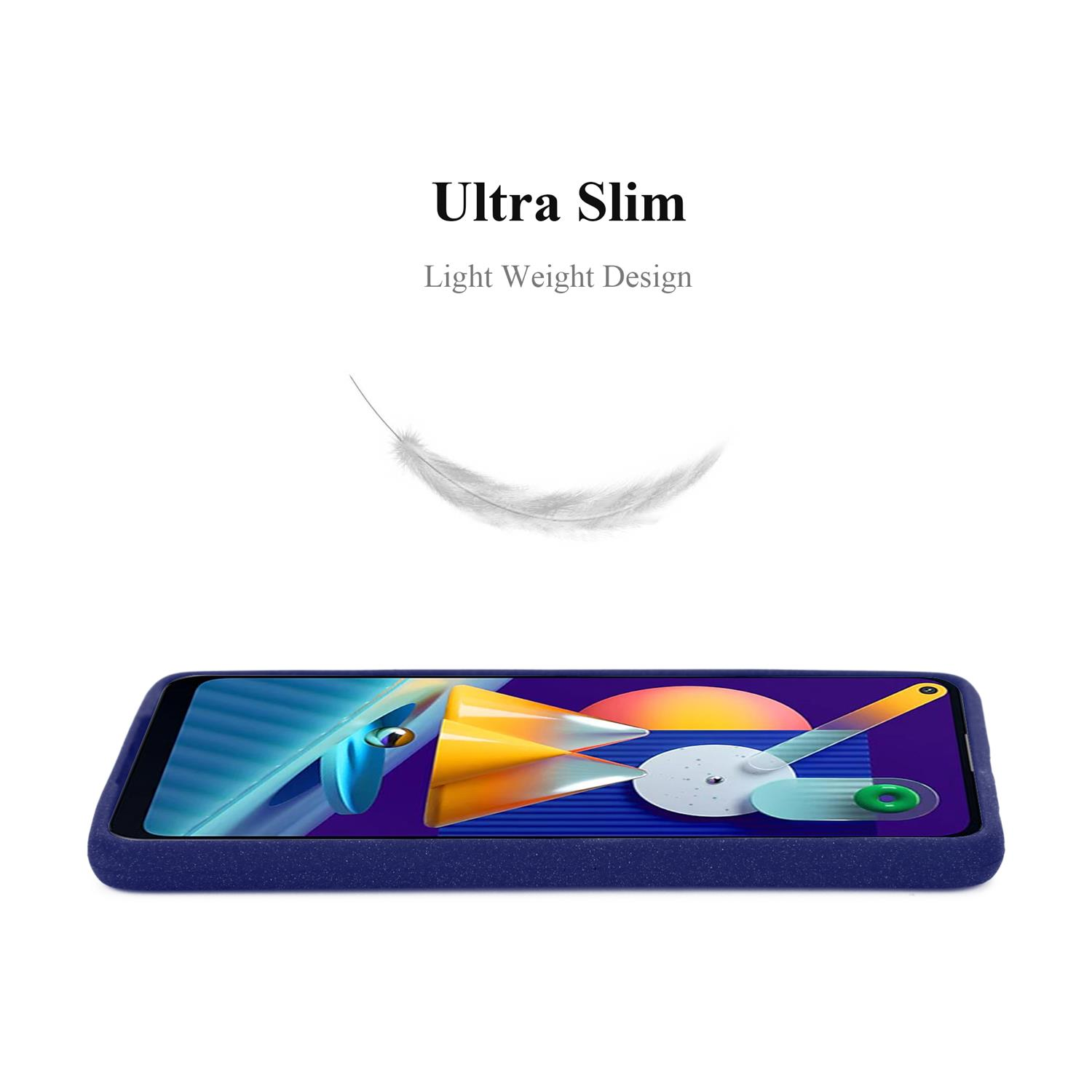 Un telefono blu con una piuma che fluttua sopra. Ha un design leggero.
