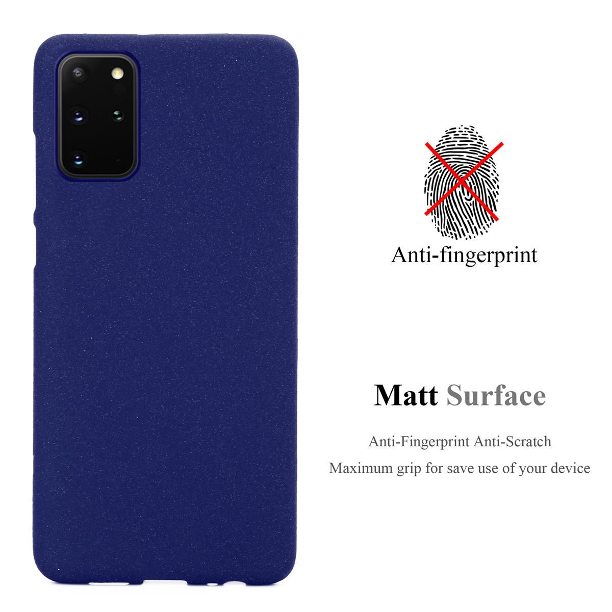 Custodia blu navy su sfondo bianco con testo. Sono evidenziate le caratteristiche anti-impronta e superficie opaca.