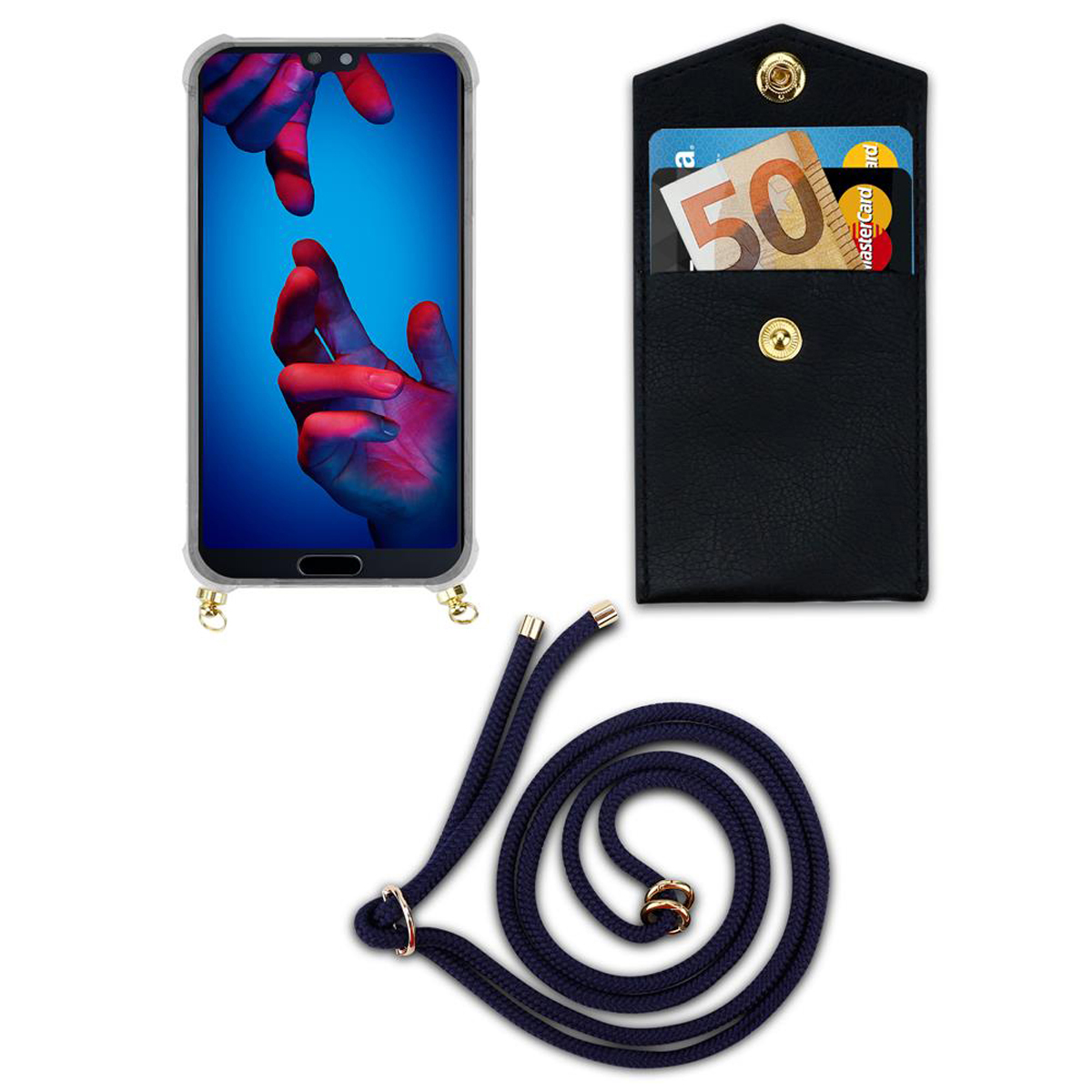 Telefono con custodia, custodia nera con carta e cordino. Lo schermo del telefono mostra una mano che tocca.