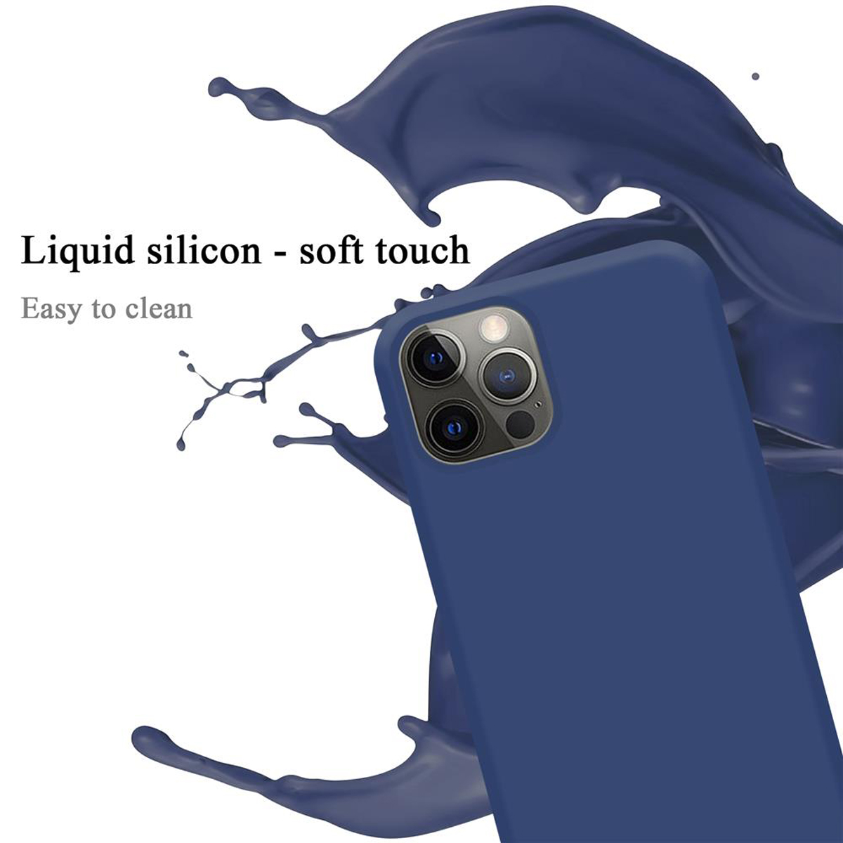 Eine blaue Handyhülle mit einem Telefon darin. Flüssiges Silikon - Soft-Touch. Leicht zu reinigen. Blauer Flüssigkeitsspritzer im Hintergrund.