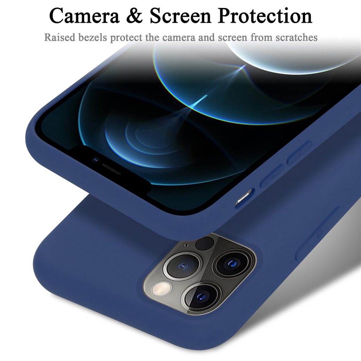 Blaue Handyhülle mit Telefon darin. Erhöhter Rahmen schützt den Bildschirm.
