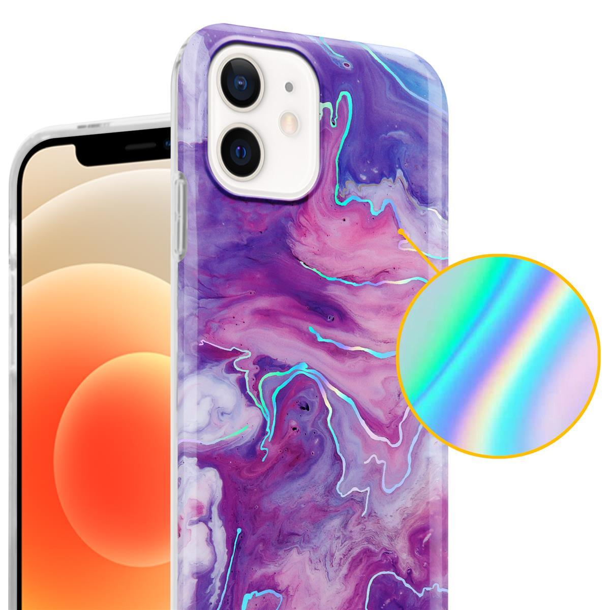 Custodia per telefono con design astratto viola e rosa con dettagli olografici. Telefono parzialmente visibile.