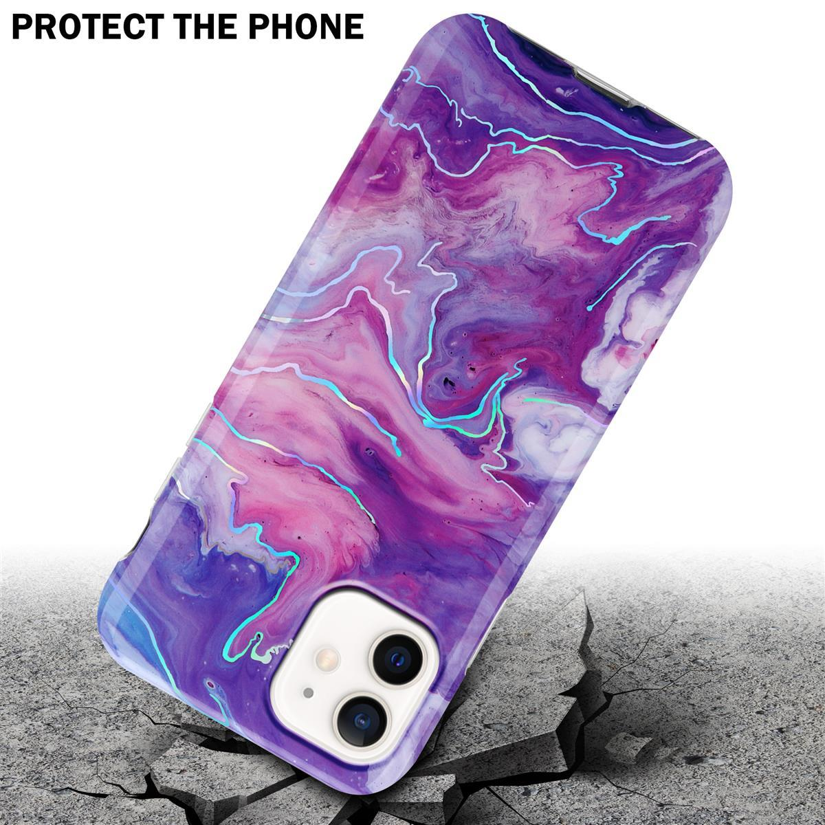 Custodia per telefono con un design a marmo viola e rosa, sembra cadere su una superficie incrinata.